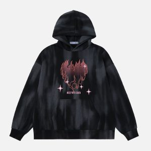 Flame Print Y2K Aesthetic Washed Hoodie - Trendy Grunge Style for Bold Fashionistas