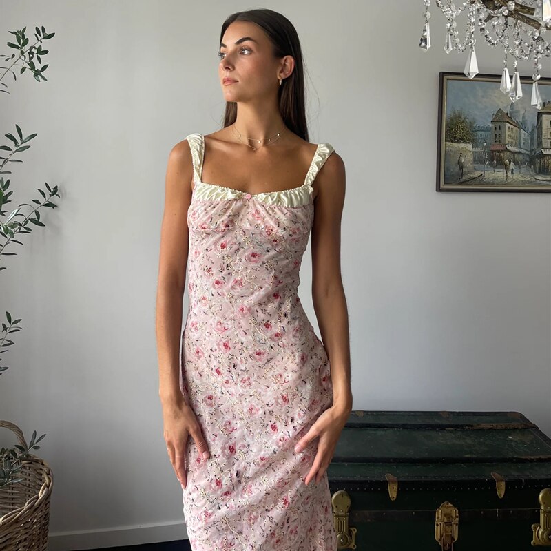 Flamingo Pink Floral Y2K Aesthetic Dress for a Chic Coquette Style Look