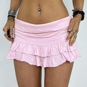 Flanged Low-Waist Ruffled Mini Skirt with Small Letter Embroidery for Y2K Aesthetic