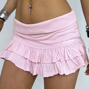 Flanged Low-Waist Ruffled Mini Skirt with Small Letter Embroidery for Y2K Aesthetic