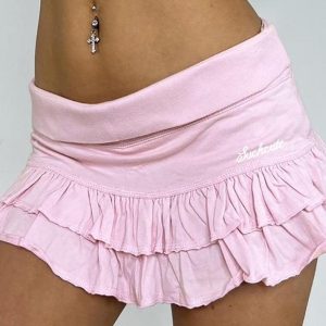 Flanged Low-Waist Ruffled Mini Skirt with Small Letter Embroidery for Y2K Aesthetic