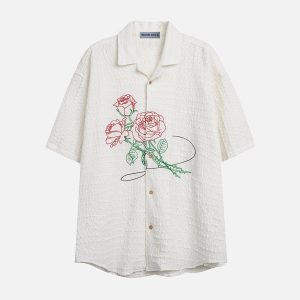 Floral Embroidery Y2K Aesthetic Short Sleeve Shirt for Cute and Comfy Outfits