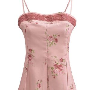 Floral Lace Trim Cami Top - Y2K Aesthetic Cute Crop Top for Coquette and Grunge Styles