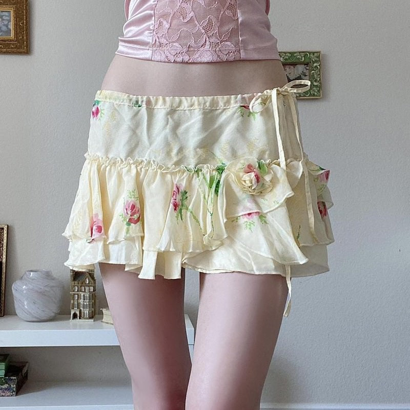 Floral Print Ruffle Skirt - Y2K Aesthetic Cute Skirt for Coquette and Grunge Styles