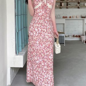 Floral Print Tie Front A-Line Maxi Dress for Y2K Fashion and Coquette Aesthetic