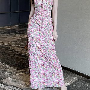 Floral Print Tie Front A-Line Maxi Dress for Y2K Fashion and Coquette Aesthetic