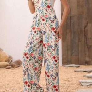 Floral Print Y2K Aesthetic Wide Leg Overall Jumpsuit for Trendy Coquette Style