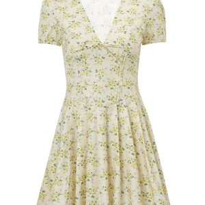 Floral V-Neck Dress with Bubble Sleeves for Y2K Aesthetic and Coquette Style