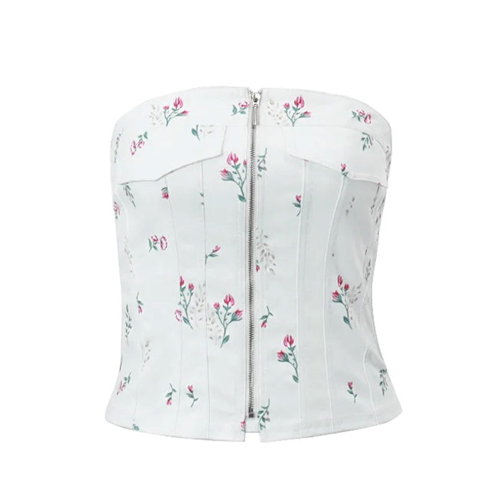 Floral Y2K Aesthetic Zip-Up Corset Top for Trendy Coquette Style Outfits