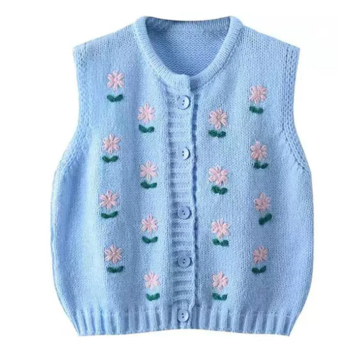 Flower Embroidery Y2K Knit Vest - Cute Pastel Aesthetic Top for Stylish Outfits