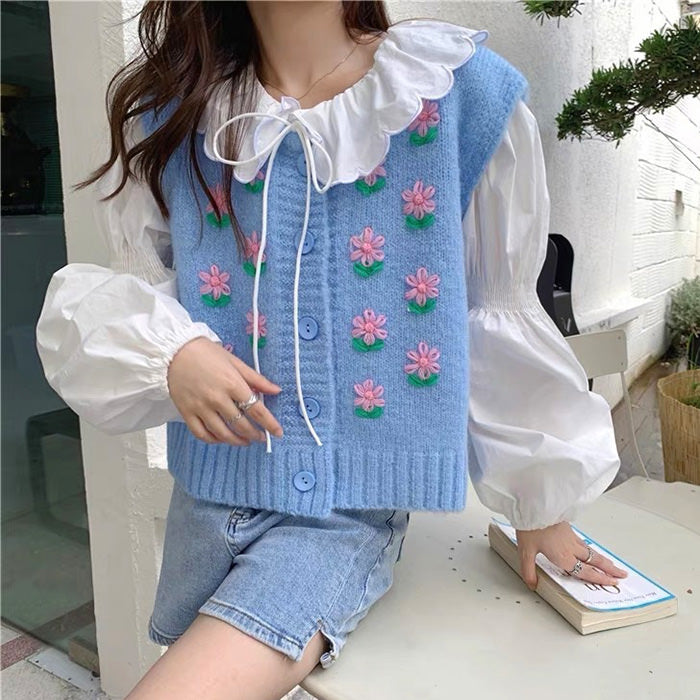 Flower Embroidery Y2K Knit Vest - Cute Pastel Aesthetic Top for Stylish Outfits