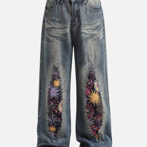 Flower Patchwork Y2K Loose Jeans for a Trendy Grunge Aesthetic Look