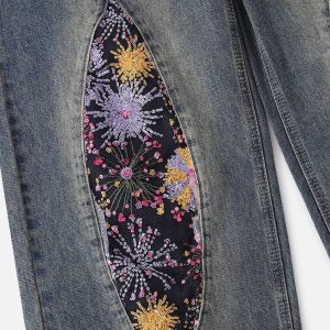 Flower Patchwork Y2K Loose Jeans for a Trendy Grunge Aesthetic Look