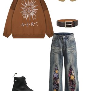 Flower Patchwork Y2K Loose Jeans for a Trendy Grunge Aesthetic Look