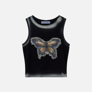 Fringe Denim Butterfly Tank Top - Y2K Aesthetic Cute Top for Stylish Outfits