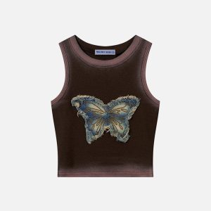 Fringe Denim Butterfly Tank Top - Y2K Aesthetic Cute Top for Stylish Outfits