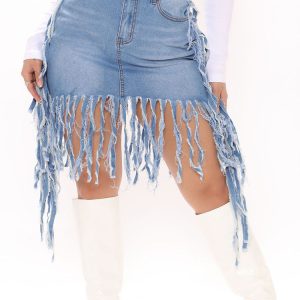 Fringe Denim Mini Skirt - Y2K Aesthetic Grunge Style with Vintage Vibes and Cute Details