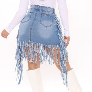 Fringe Denim Mini Skirt - Y2K Aesthetic Grunge Style with Vintage Vibes and Cute Details