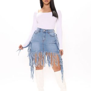 Fringe Denim Mini Skirt - Y2K Aesthetic Grunge Style with Vintage Vibes and Cute Details