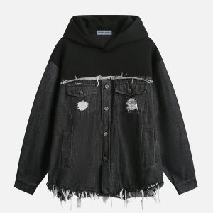 Fringe Denim Patchwork Hoodie - Y2K Aesthetic Layering Essential for Trendy Outfits