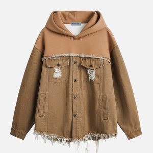 Fringe Denim Patchwork Hoodie - Y2K Aesthetic Layering Essential for Trendy Outfits