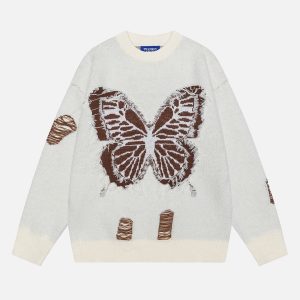 Fringe Distressed Butterfly Sweater - Y2K Aesthetic Cute Top for Grunge and Coquette Styles