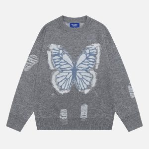 Fringe Distressed Butterfly Sweater - Y2K Aesthetic Cute Top for Grunge and Coquette Styles