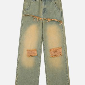 Fringe Distressed Straight-Leg Jeans for Y2K Aesthetic and Grunge Style Outfits