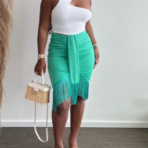 Fringe Hem Pencil Skirt - Y2K Aesthetic Grunge Style for Trendy Outfits