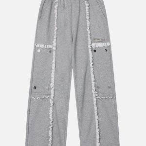 Fringe Patchwork Sweatpants - Y2K Aesthetic Grunge Style Comfy Bottoms for Trendy Outfits