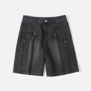 Fringe Pocket Patchwork Jorts - Y2K Aesthetic Denim Shorts for Trendy Outfits