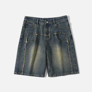 Fringe Pocket Patchwork Jorts - Y2K Aesthetic Denim Shorts for Trendy Outfits