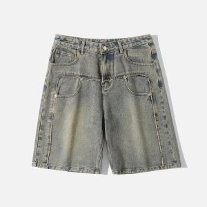 Fringe Pocket Patchwork Jorts - Y2K Aesthetic Denim Shorts for Trendy Outfits