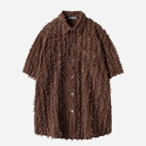 Fringe Texture Short Sleeve Shirt - Y2K Aesthetic Top for Grunge and Coquette Styles