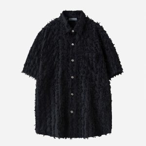 Fringe Texture Short Sleeve Shirt - Y2K Aesthetic Top for Grunge and Coquette Styles