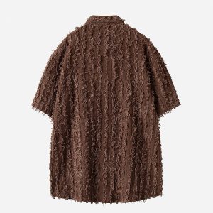 Fringe Texture Short Sleeve Shirt - Y2K Aesthetic Top for Grunge and Coquette Styles