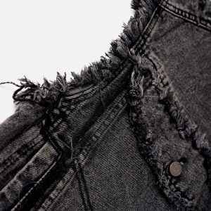 Fringe Washed Denim Vest - Y2K Aesthetic Layering Piece for Grunge and Coquette Outfits