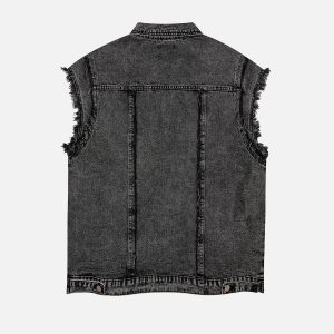 Fringe Washed Denim Vest - Y2K Aesthetic Layering Piece for Grunge and Coquette Outfits