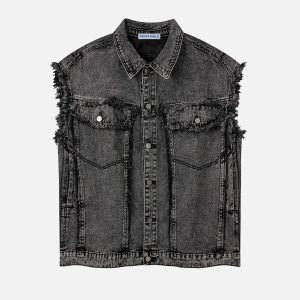 Fringe Washed Denim Vest - Y2K Aesthetic Layering Piece for Grunge and Coquette Outfits