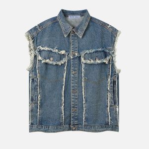 Fringe Washed Denim Vest - Y2K Aesthetic Layering Piece for Grunge and Coquette Outfits