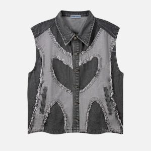 Fringe Washed Vest in Y2K Style - Trendy Coquette Aesthetic Layering Piece