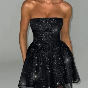 Glitter Glam Y2K Aesthetic Mini Bow Dress for Chic Coquette Style