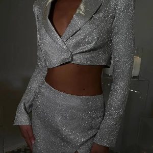 Glittery Y2K Crop Jacket & Mini Skirt Set for Trendy Coquette Aesthetic Outfits