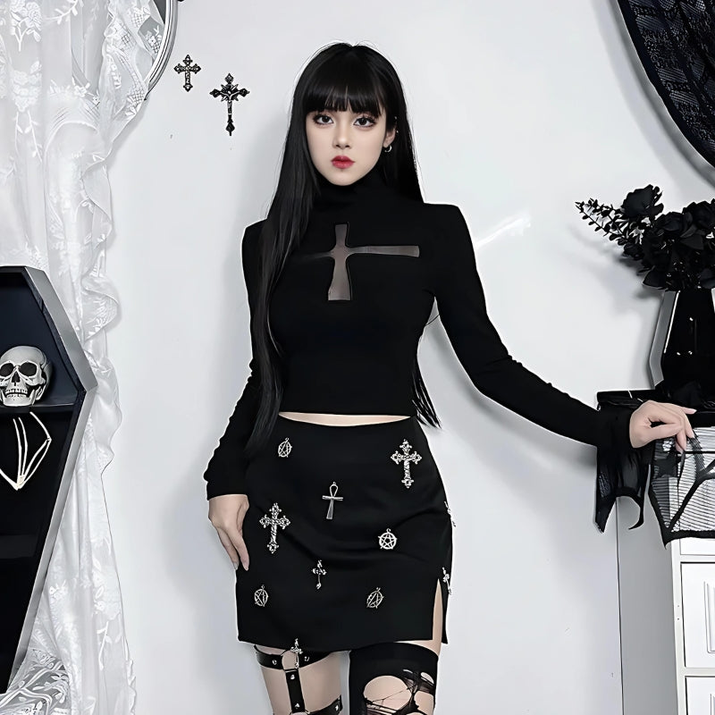 Goth Cross Cut Out Top - Y2K Grunge Style with Edgy Aesthetic Appeal