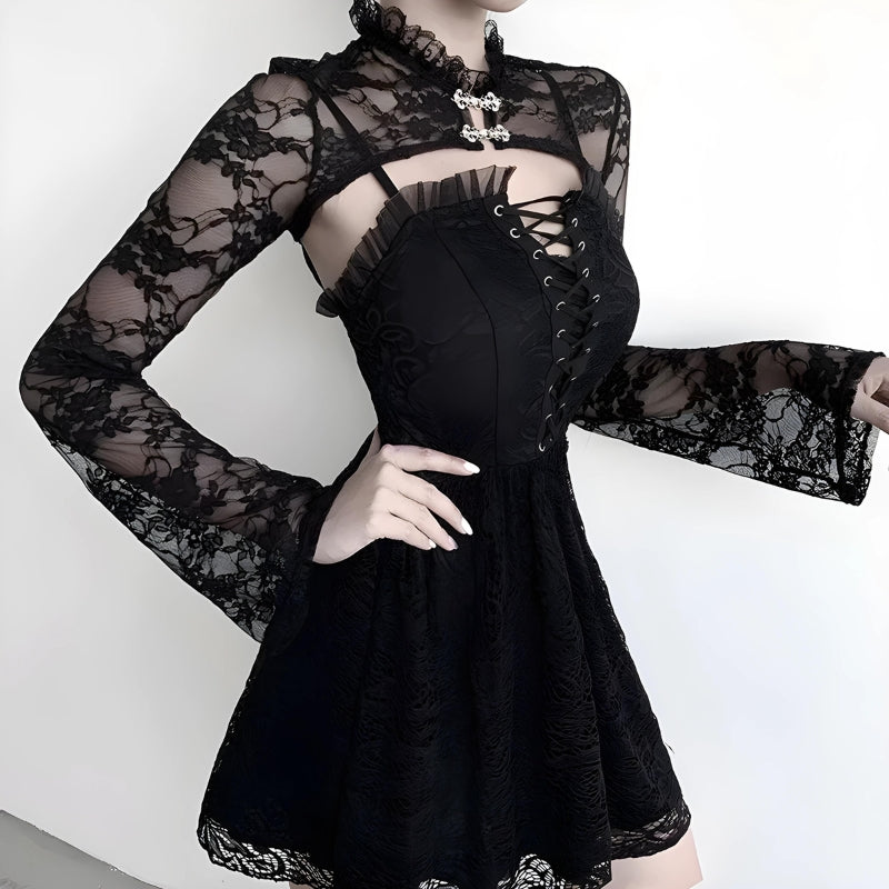 Goth Sheer Lace Bolero for Y2K Aesthetic, Grunge Style Layering in Dark Academia Fashion