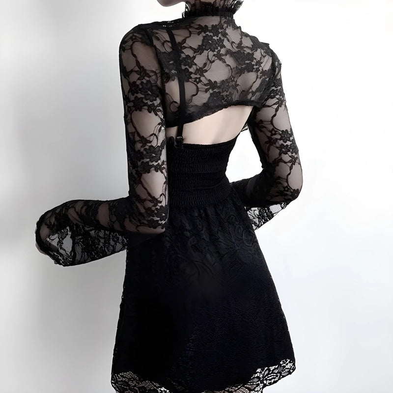 Goth Sheer Lace Bolero for Y2K Aesthetic, Grunge Style Layering in Dark Academia Fashion