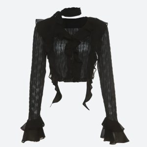 Goth Sheer Ruffled Crop Top for Y2K Aesthetic and Grunge Style Outfits