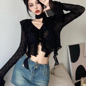 Goth Sheer Ruffled Crop Top for Y2K Aesthetic and Grunge Style Outfits