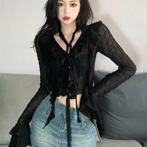 Goth Sheer Ruffled Crop Top for Y2K Aesthetic and Grunge Style Outfits