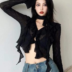 Goth Sheer Ruffled Crop Top for Y2K Aesthetic and Grunge Style Outfits